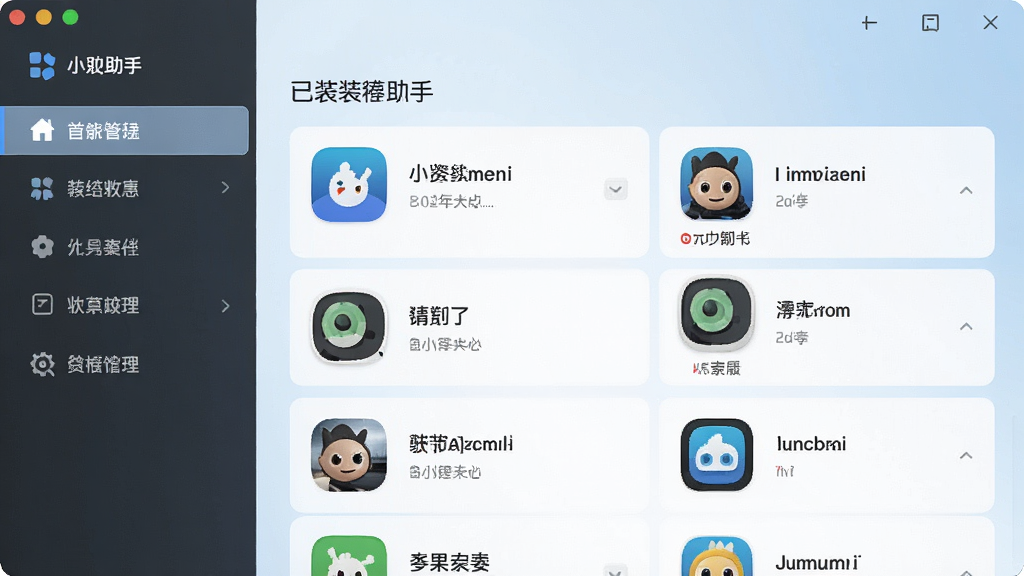 一张展示小皮助手主界面的高清截图,界面风格简洁明亮,左侧为功能导航栏,右侧为已安装应用列表,背景为淡蓝色渐变,整体布局清晰,画质细腻,干净无多余元素