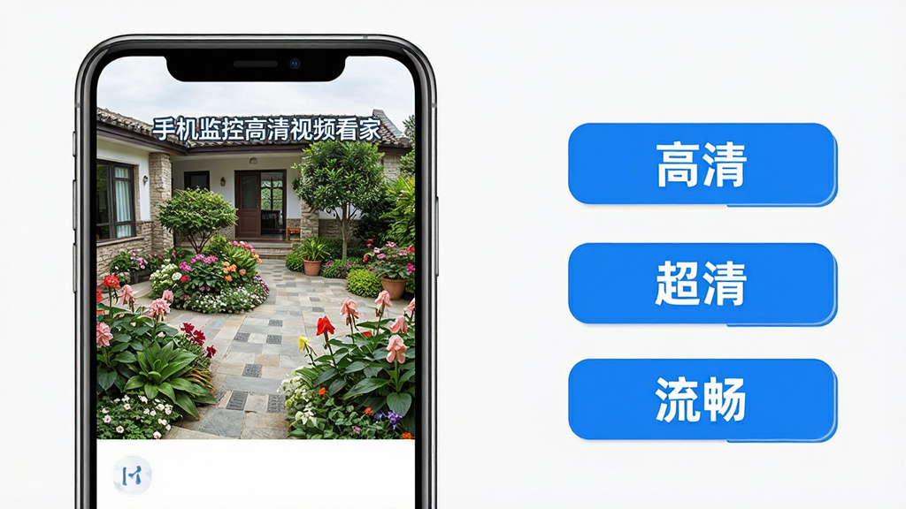 主体:“手机监控高清视频看家”软件高清画质功能演示界面。布局:左侧是手机屏幕展示清晰的家庭庭院监控画面,右侧用文字标签标注“高清”“超清”“流畅”三种模式选项。排版:左右分栏布局,重点突出右侧的模式切换按钮。风格:简洁功能展示风。细节:庭院画面中花草树木纹理清晰可见,文字标签为蓝色高亮。画质:精细,干净,无多余元素。