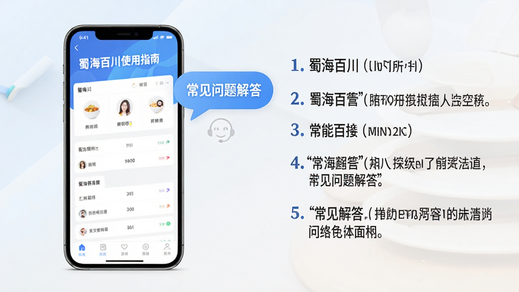 主体:手机横屏显示蜀海百川操作教程界面,旁边有客服气泡。布局:手机在左侧,右侧为步骤说明文字。排版:图文并茂,序号清晰。风格:教程风格,浅色背景。细节:屏幕上有“蜀海百川使用指南”标题,气泡内为“常见问题解答”。画质:高清明亮,无杂乱元素。