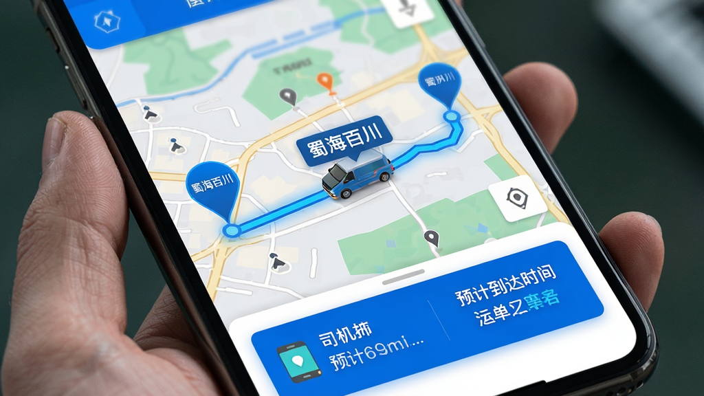 主体:地图界面显示配送车辆轨迹,手机底部有蜀海百川运单详情。布局:地图占主画面,车辆图标移动轨迹清晰,底部卡片显示司机信息和预计到达时间。排版:动态感强,信息直观。风格:写实地图风格,辅以蓝色科技感UI。细节:地图上有起点终点标记,车辆图标旁标注“蜀海百川”字样。画质:高清,色彩饱满。