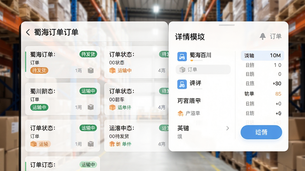 主体:手机界面显示蜀海百川订单管理模块,订单卡片排列整齐。布局:左右分屏,左侧为订单列表,右侧为详情弹窗。排版:卡片式设计,信息条理清晰。风格:扁平化UI,色彩清新。细节:订单状态标签如“待发货”“运输中”清晰可见,背景有模糊的仓库货架。画质:高分辨率,干净整洁。