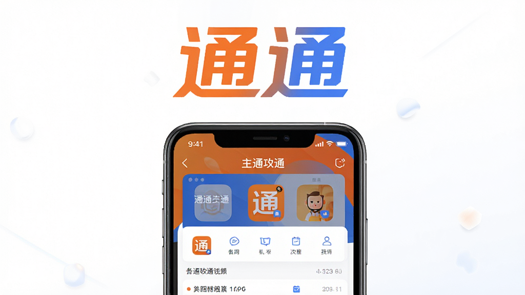 一张手机应用宣传海报,主体是通通APP的界面预览,采用上下布局,上方是APP名称“通通”的艺术字Logo,下方是手机屏幕展示主功能页面,风格现代简约,扁平化设计,色彩以活力的橙蓝色为主,画面干净,高画质,无多余元素。