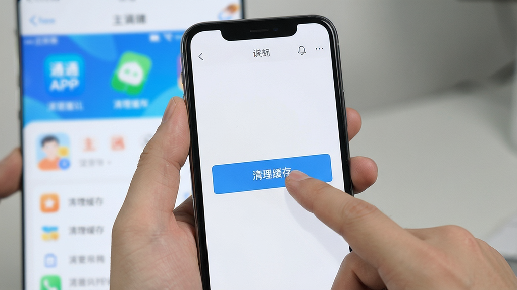 通通APP使用教程图解,主体是一只手拿着手机进行操作的特写,背景是模糊的应用主界面,布局居中,风格写实清晰,展示点击“清理缓存”按钮的瞬间,高画质,无多余元素。
