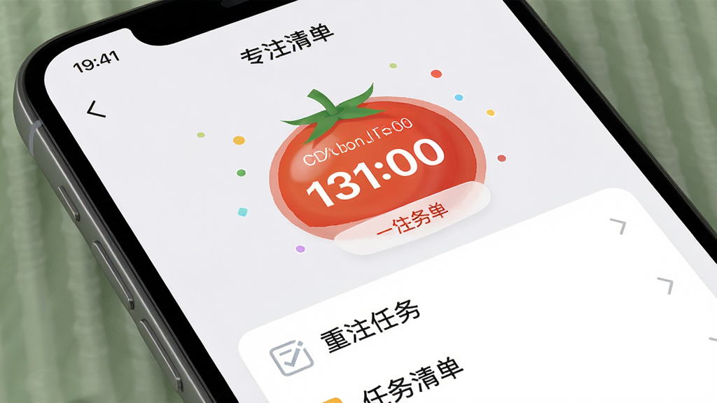 һ��չʾרע�嵥App������ĸ�����Ⱦͼ������Ϊ�ֻ���Ļ��д����Ļ����ʾһ����Ŀ�ķ����Ӽ�ʱ���������б������ָɾ���ǳɫ������UI����ƽ�������ֱ�ǩΪ��רע�嵥��������ϸ�ڷḻ�������������޶���Ԫ��