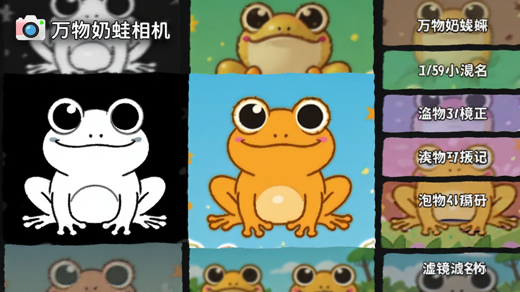 主体为多组滤镜效果对比图,中央展示一只奶蛙从黑白线条到彩色卡通的变化过程。布局为横版排列,左侧标注“万物奶蛙相机”Logo,右侧为滤镜名称列表。排版采用网格状分布,风格为扁平化设计,细节突出每种滤镜的色彩倾向和饱和度差异,画质清晰干净,无多余元素。