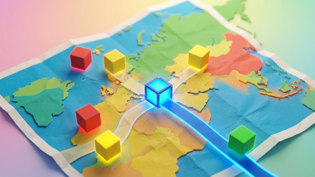 主体:一个色彩鲜艳的3D立体纸片地图,中央有一个发光的蓝色小方块正在移动,身后拖着一条长长的蓝色轨迹,地图上还有红色、黄色、绿色的小方块在相互追逐。布局:俯视角度,地图占据画面中央,周围是柔和的渐变背景。排版:小方块位于画面中心偏下,轨迹线条流畅延伸。风格:极简3D渲染,明亮的色彩对比,光影柔和。细节:每个小方块边缘有轻微的发光效果,地面纹理呈现纸张质感,有细腻的褶皱。画质:高清渲染,干净整洁,无多余元素。