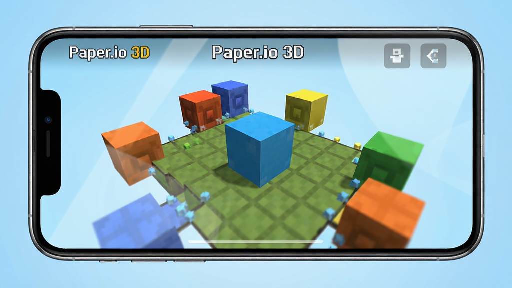 主体:一部智能手机横屏显示Paper.io 3D游戏画面,画面中有一个蓝色方块正在扩张领土,周围有多个彩色方块。布局:手机位于画面中央,背景为浅蓝色渐变。排版:手机屏幕内容清晰可见,游戏界面元素完整。风格:写实风格,光线自然,屏幕反光柔和。细节:手机边框有金属质感,屏幕上有“Paper.io 3D”字样,游戏画面清晰流畅。画质:高清渲染,干净,无多余元素。
