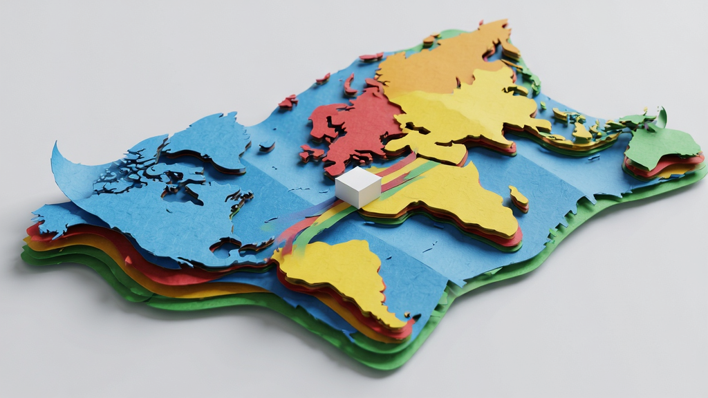 主体:一个由多层彩色纸片叠加构成的3D立体地图,每层颜色不同,有蓝色、红色、黄色、绿色,地图边缘微微翘起。布局:斜45度视角,地图占据画面大部分,背景为浅灰色。排版:地图中心有一个白色小方块正在移动,身后有彩色轨迹。风格:纸艺风格,色彩明快,光影柔和。细节:纸片表面有细微的纤维纹理,边缘有切割痕迹,层次分明。画质:高清渲染,干净,无多余元素。