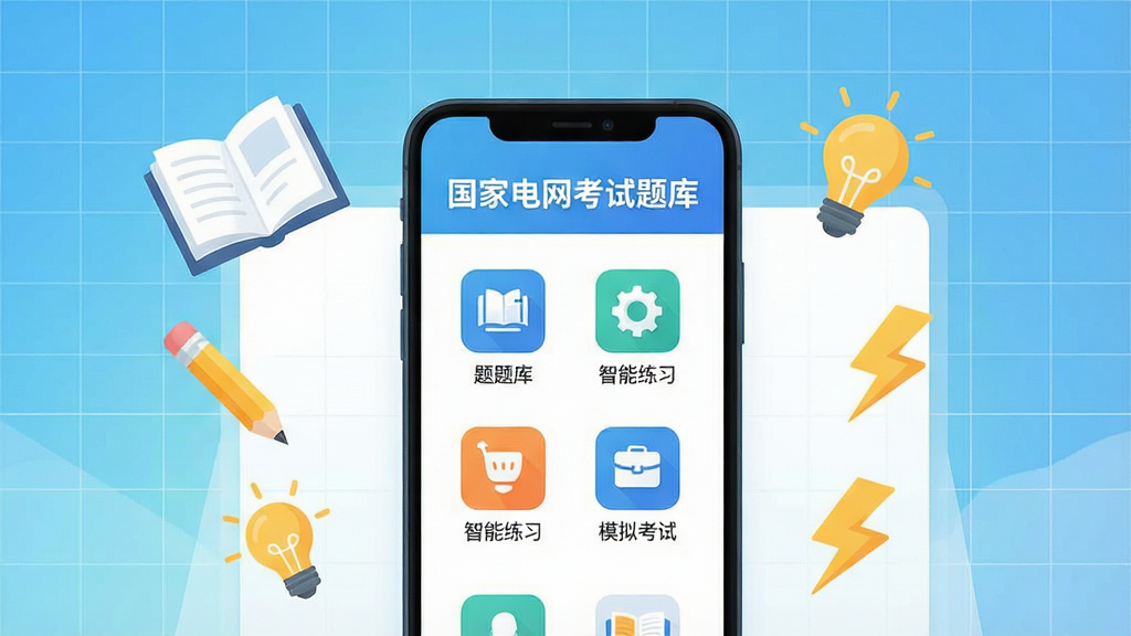 一幅现代扁平化风格的教育学习类App宣传主图,画面中央是一部智能手机,屏幕中显示“国家电网考试题库”主界面,界面包含题库分类、智能练习、模拟考试等清晰图标,手机周围漂浮着书本、铅笔、灯泡、闪电图标等学习元素,背景采用清新蓝色渐变与白色网格,整体布局居中对称,排版简洁大气,风格干净明亮,画质高清,无多余元素