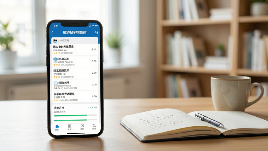 一张“国家电网考试题库”使用场景图,画面左侧是一部手机展示App主界面,右侧是笔记本和咖啡杯,背景为明亮的书房,布局左右平衡,排版自然,风格写实生活化,细节包括屏幕中的题库列表和进度条,画质高清干净