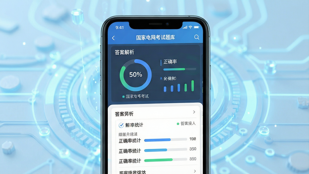 一张展示“国家电网考试题库”App智能刷题界面的截图风格效果图,画面主体为手机屏幕特写,屏幕中显示题目列表、答案解析、正确率统计图表,背景为浅蓝色科技感光效,布局以手机为中心四周留白,排版规整,风格写实结合轻度拟物,细节包含数据圆环和进度条,画质清晰干净,无多余元素