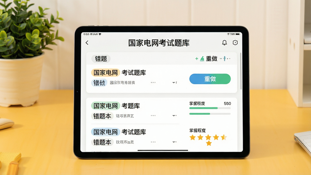 一张“国家电网考试题库”错题本功能界面设计图,画面主体为平板电脑屏幕,屏幕中展示错题列表、重做按钮、掌握程度星级,背景为暖黄色书桌配绿植,布局以平板为中心,排版简洁,风格清新生活化,细节包括错题标签和进度条,画质干净明亮