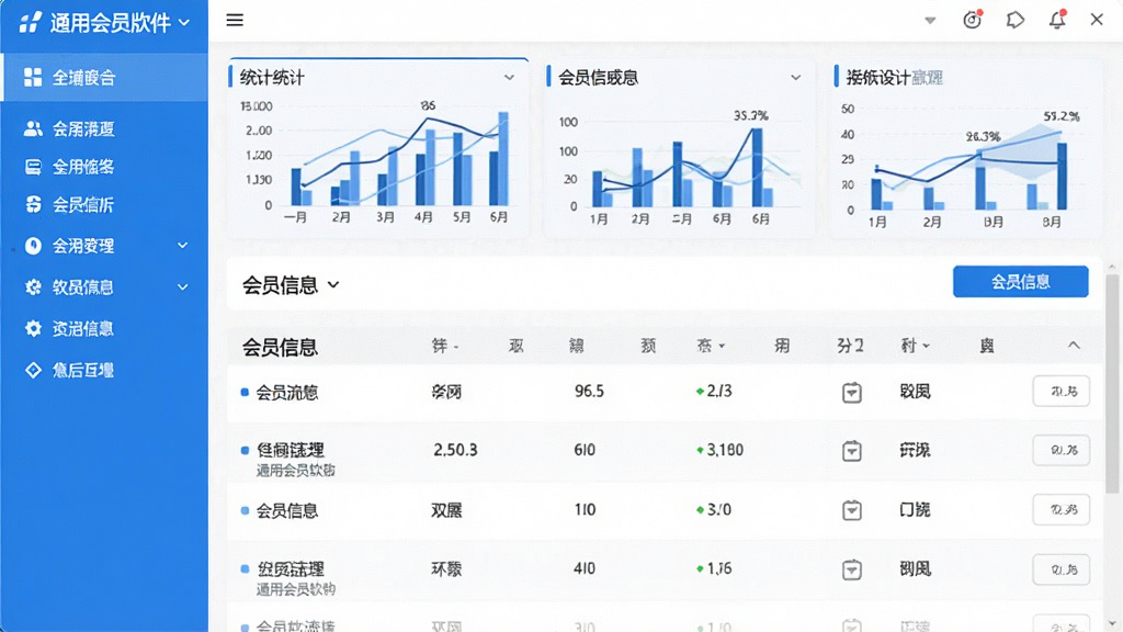 店铺宝通用会员版软件主界面截图,左侧功能菜单栏,右侧会员信息列表,上方统计图表,整体布局清晰,蓝白配色,现代简约风格,高清画质,干净无多余元素