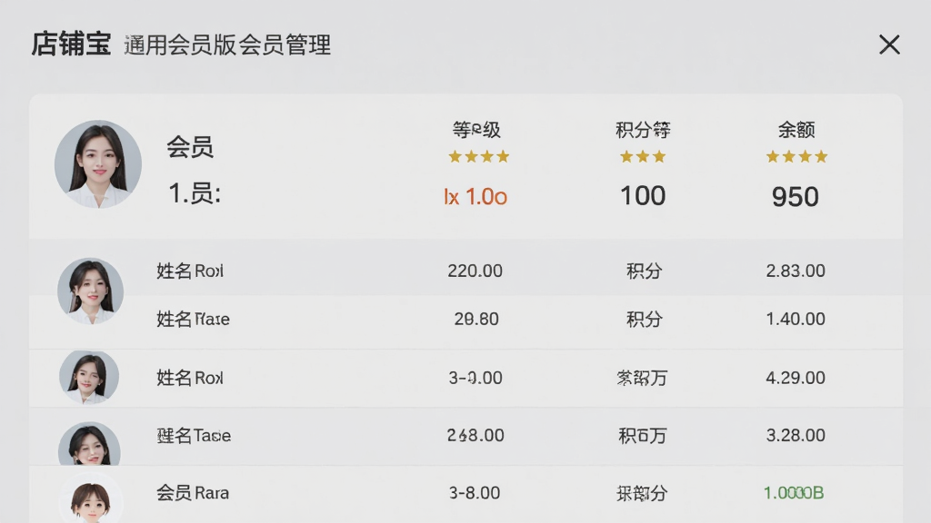 店铺宝通用会员版会员管理界面,展示会员头像、姓名、等级、积分、余额等信息,表格排版整齐,界面柔和,浅灰色背景,高清细节,干净