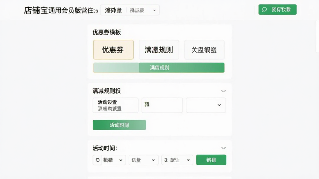 店铺宝通用会员版营销活动创建页面,显示优惠券模板、满减规则设置、活动时间选择,界面简洁,绿色按钮,扁平化设计,高清画质,干净无多余元素