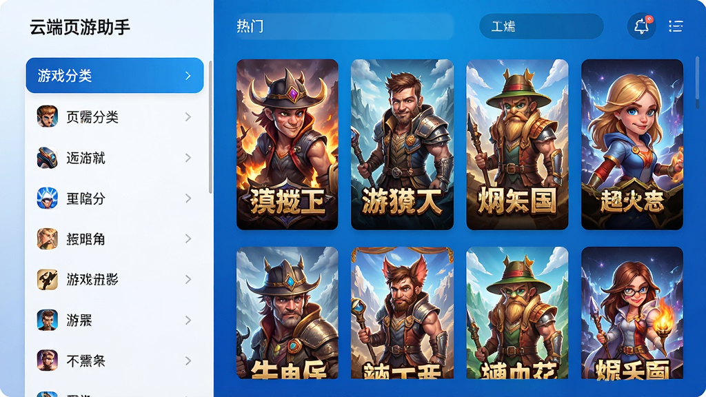一张展示云端页游助手主界面的高清截图,界面设计现代简洁,左侧为游戏分类列表,右侧展示热门游戏封面墙,背景为科技感十足的蓝色渐变,整体布局清晰明朗,画质细腻,色彩鲜艳,无多余元素,干净整洁。