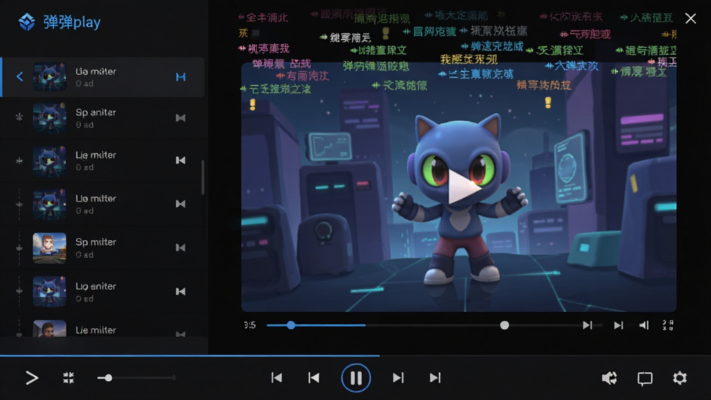 弹弹play主界面,深色主题,左侧播放列表,右侧大屏播放窗口,画面上方飘过彩色弹幕,底部控制栏清晰,整体布局简洁现代,风格科技感,细节丰富,画质高清,干净无多余元素