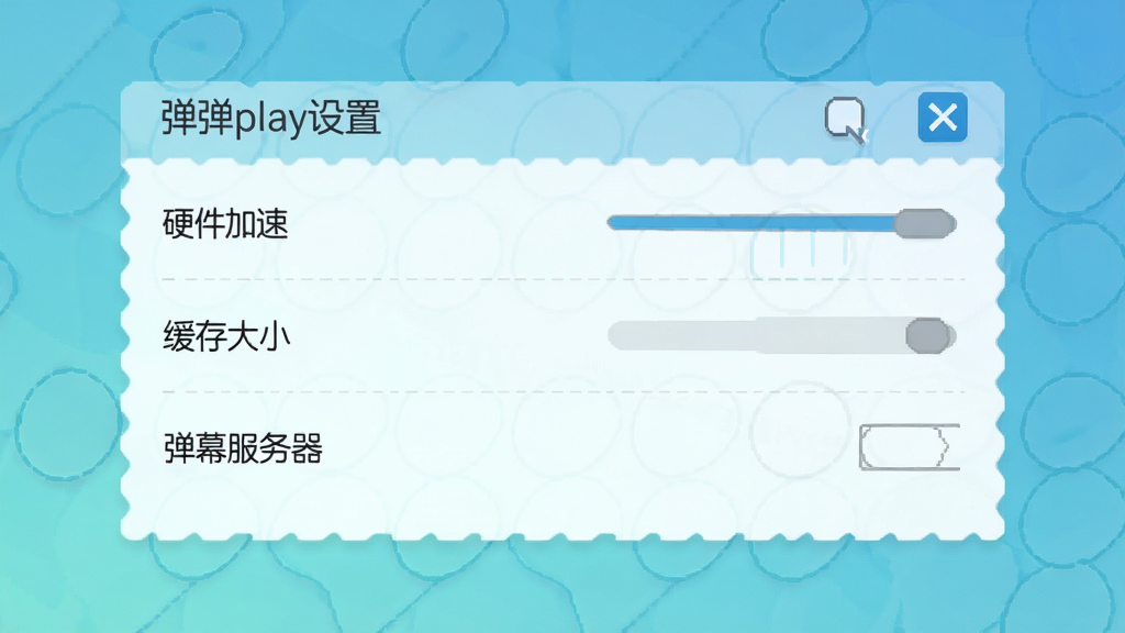 弹弹play设置界面,展示“硬件加速”“缓存大小”“弹幕服务器”等选项,界面简洁,风格清新,画质高清,干净无多余元素