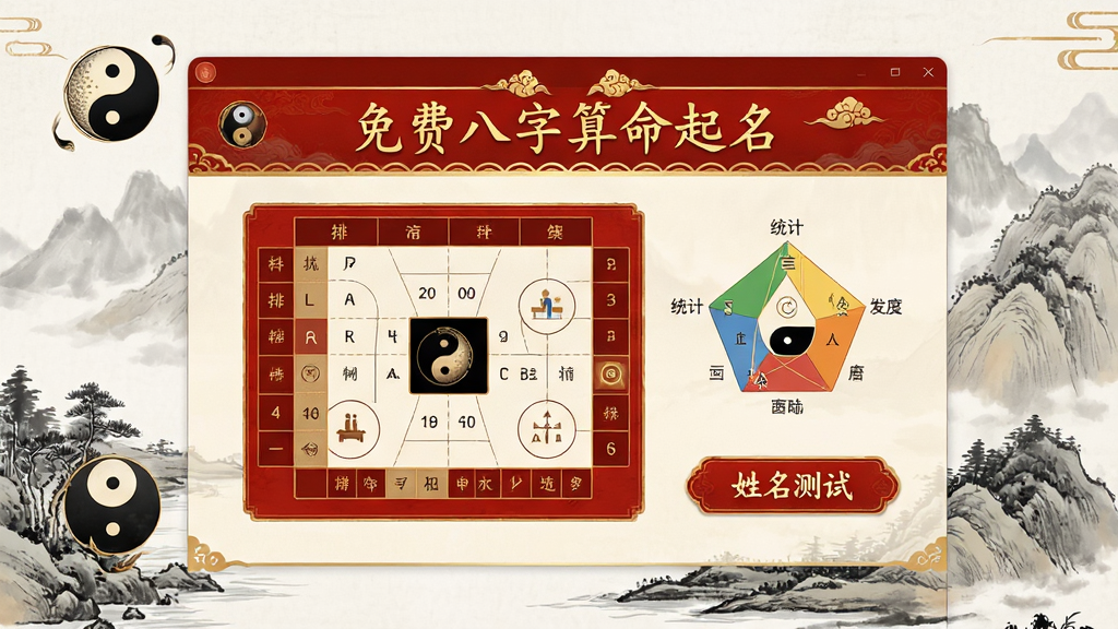 画面中央展示一款名为“免费八字算命起名”的软件界面,界面风格古典雅致,背景为水墨山水画,主色调为朱红与金色,界面中显示清晰的八字排盘表格、五行统计图以及“姓名测试”功能按钮。整体布局对称稳重,字体为楷体,细节包含阴阳鱼、太极图等元素,画质高清,干净无多余元素。