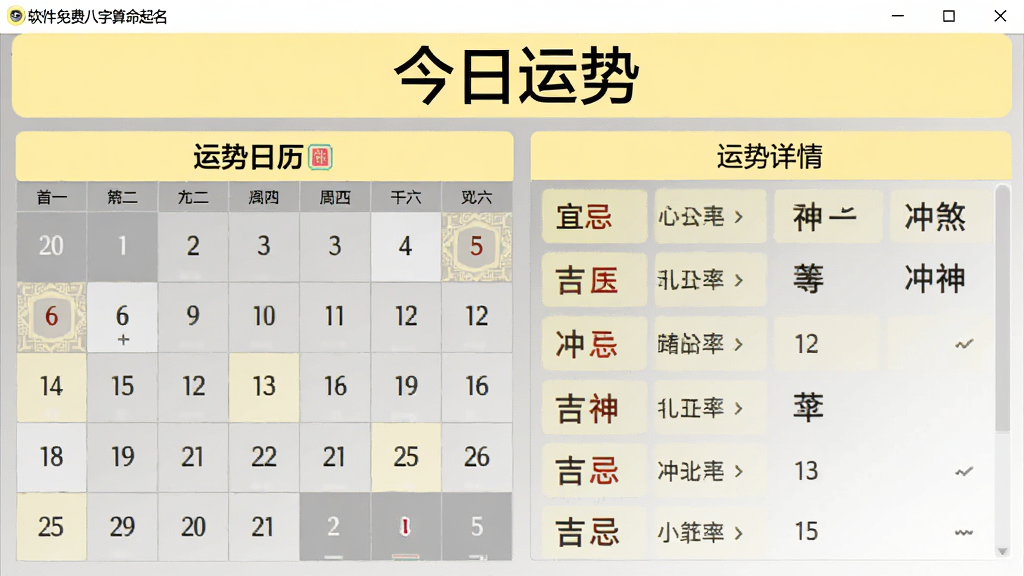 软件“免费八字算命起名”的运势日历界面,左侧为月历视图,右侧为当日运势详情,包括宜忌、吉神、冲煞等,顶部为“今日运势”四个大字,整体配色为淡黄色与灰色,风格简洁明了,画质干净无多余元素。