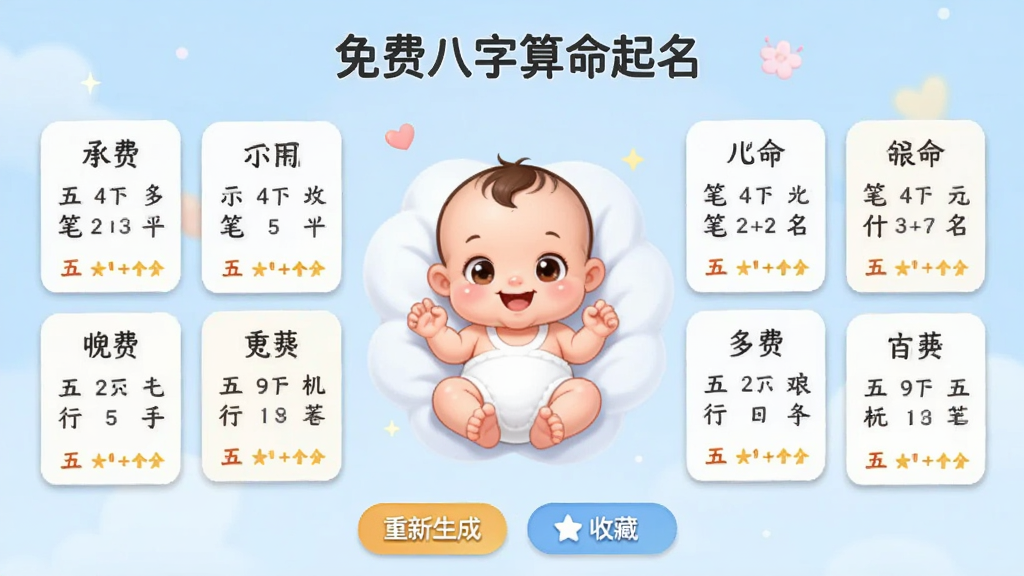 软件“免费八字算命起名”的起名推荐页面截图,背景为淡蓝色,界面中央展示一个新生儿的卡通形象,周围环绕多个名字卡片,卡片上标注名字、笔画、五行及评分,下方有“重新生成”“收藏”按钮,整体设计温馨可爱,画质细腻,无多余元素。