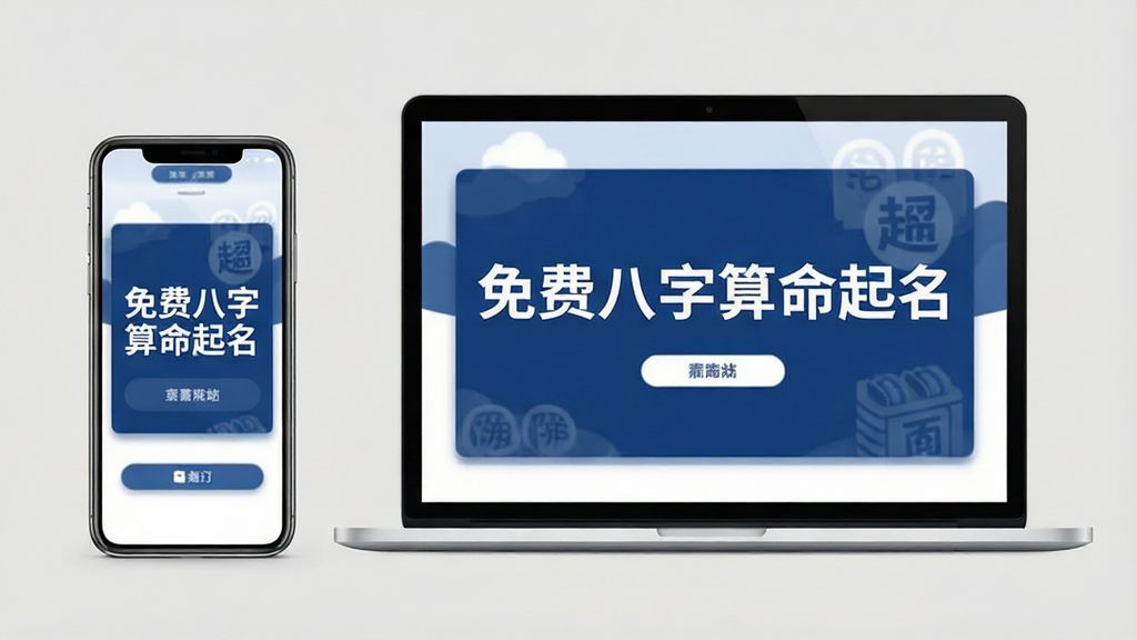 手机和电脑屏幕上同时显示“免费八字算命起名”软件界面,界面风格为简洁的扁平化设计,主色调为深蓝色与白色,左侧为手机,右侧为笔记本电脑,背景为素色,画面干净,突出软件名称,画质高清。