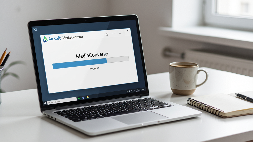 ArcSoft MediaConverter 在笔记本电脑上运行的实拍场景,屏幕中显示转换进度条,周围环境为整洁的办公桌,有咖啡杯和笔记本,光线柔和,细节真实,画质干净,无多余元素