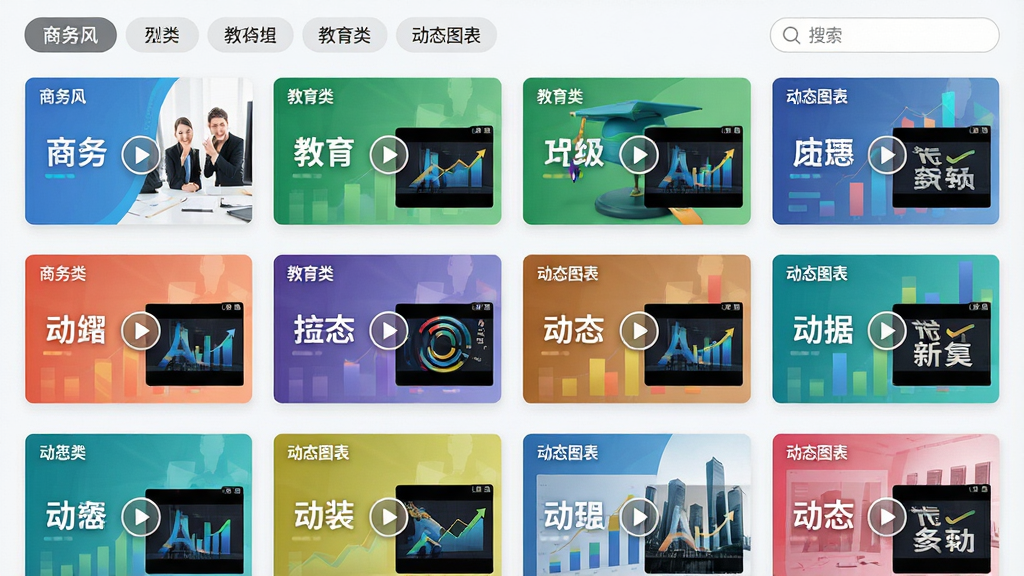 主体:动态PPT模板的模板库界面,展示多套动态模板封面,每套封面都带有播放按钮图标。布局:网格状排列,每个卡片显示模板名称与动态预览小窗口,顶部有分类标签栏和搜索框。排版:卡片大小均匀,间距适中,色彩鲜艳,文字标签如“商务风”“教育类”“动态图表”等。风格:清新明亮,扁平化设计,细节丰富。画质:高清,干净,无多余元素。