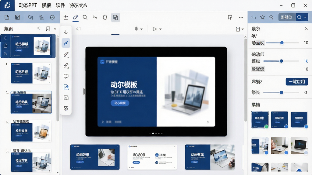 主体:动态PPT模板软件主界面,展示多款动态幻灯片缩略图,中央为编辑预览窗口,周围环绕工具栏与素材库面板。布局:上下结构,顶部为菜单栏,左侧为幻灯片列表,右侧为动态效果参数调节区,整体采用深蓝与白色搭配的商务风格。排版:界面元素整齐排列,图标简洁清晰,文字标签如“动态模板”“动画效果”“一键应用”清晰可见。风格:现代扁平化设计,光影柔和,细节精致。画质:高清渲染,干净整洁,无多余元素。