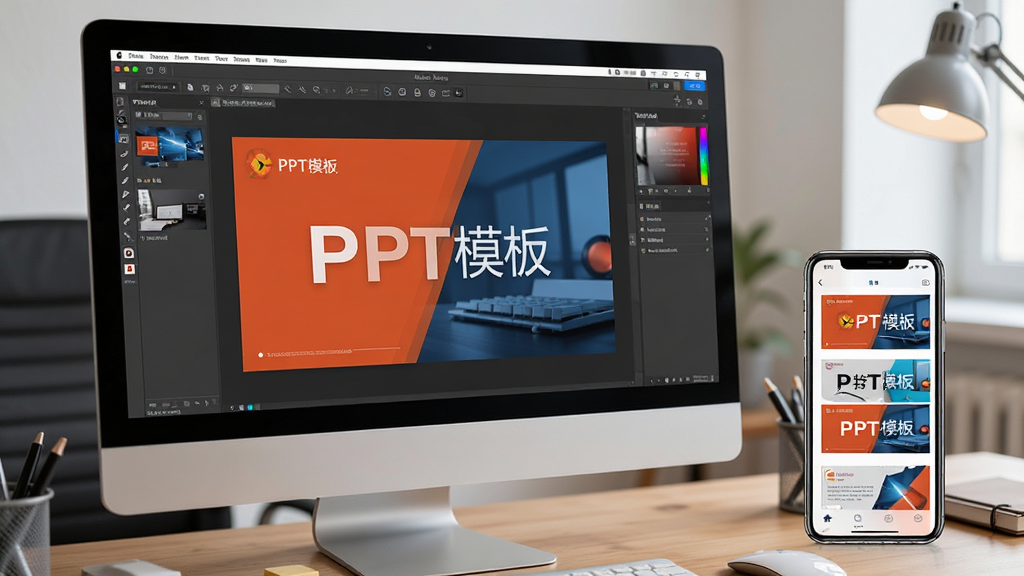 主体:动态PPT模板软件在电脑上运行的实拍图,屏幕显示动态幻灯片效果,旁边有手机展示移动端界面。布局:电脑屏幕为前景,手机在右侧,背景为办公桌环境。排版:电脑屏幕清晰显示软件界面,手机屏幕显示模板预览,整体构图平衡。风格:真实摄影风格,光线柔和,办公氛围。画质:高清,干净,无多余元素。