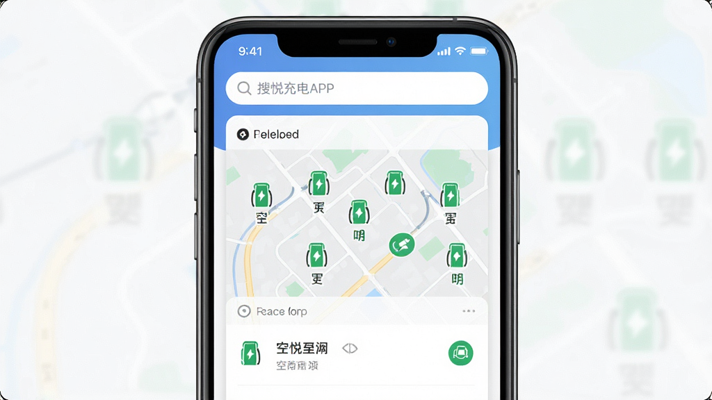 一幅展示安悦充电APP主界面的高清截图,手机屏幕居中,界面显示附近充电桩地图列表,绿色图标标注空闲桩位,顶部搜索栏清晰可见,整体风格简洁明亮,UI设计现代,画质细腻干净,无多余元素