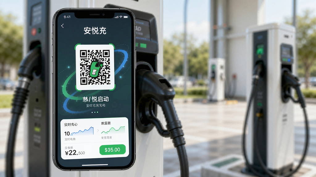 安悦充电APP扫码充电操作界面,手机扫描充电桩二维码,屏幕显示充电启动动画,下方显示实时充电数据与金额,背景为模糊的充电桩实景,画质清晰,无多余元素