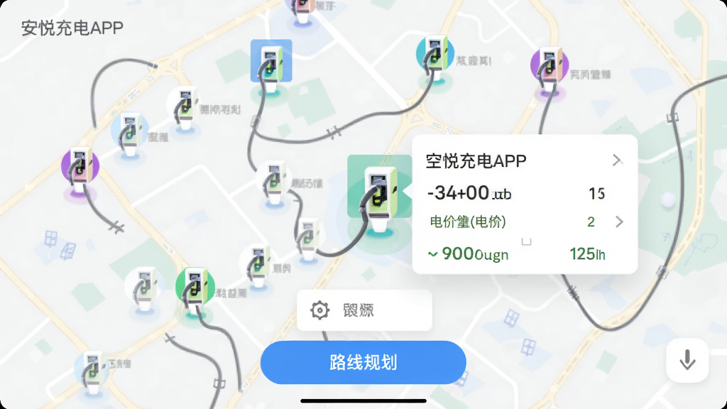 安悦充电APP的找桩界面预览图,地图上分布着多个充电站图标,其中一个站点弹出详情卡片显示空闲快充桩数量与电价,底部有路线规划按钮,界面清晰,色彩鲜明,画质干净,无多余元素