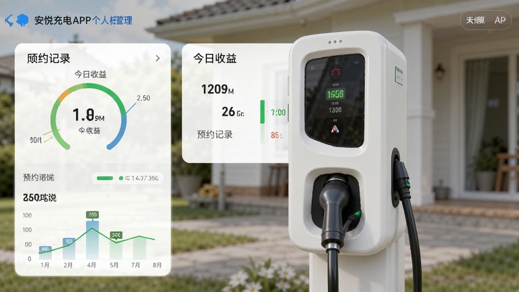 安悦充电APP个人桩管理界面,展示充电桩状态、今日收益、预约记录等模块,图表简洁直观,背景为家庭充电桩实拍,画质干净,无多余元素