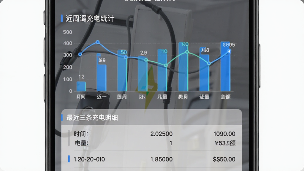 安悦充电APP充电记录统计页面,以柱状图展示近一周充电量,下方列出最近三条充电明细,包含时间、电量、金额,风格简约,数据可视化,画质清晰,无多余元素