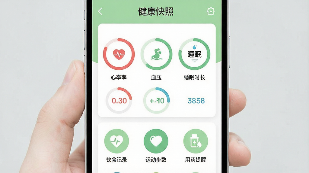一张展示健康快照应用主界面的高清截图,界面风格清新简约,以白色和浅绿色为主色调,手机屏幕中央显示健康数据仪表盘,包含心率、血压、睡眠时长等圆形进度环,下方排列着饮食记录、运动步数、用药提醒等圆形图标,整体布局整齐有序,扁平化设计风格,细节丰富,画质干净无多余元素,文字标签清晰标注“健康快照”字样