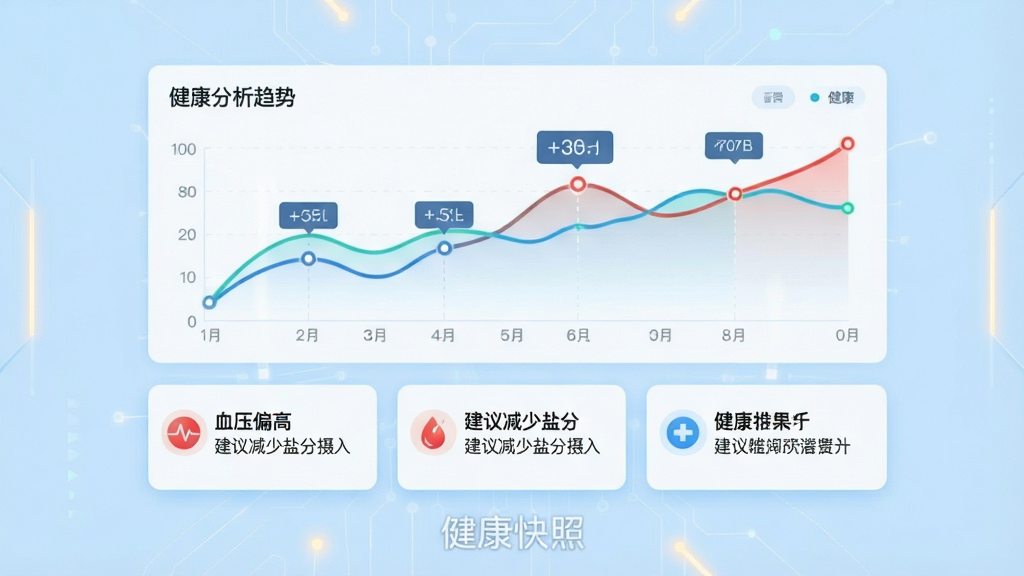 健康快照的智能分析报告页面,页面以浅蓝色为背景,中央显示一张模拟的健康趋势折线图,图上标注关键节点,下方配有文字解读卡片,卡片内包含“血压偏高”、“建议减少盐分摄入”等提示文字,图表下方有“健康快照”的水印标识,整体设计专业且具科技感,画质清晰干净
