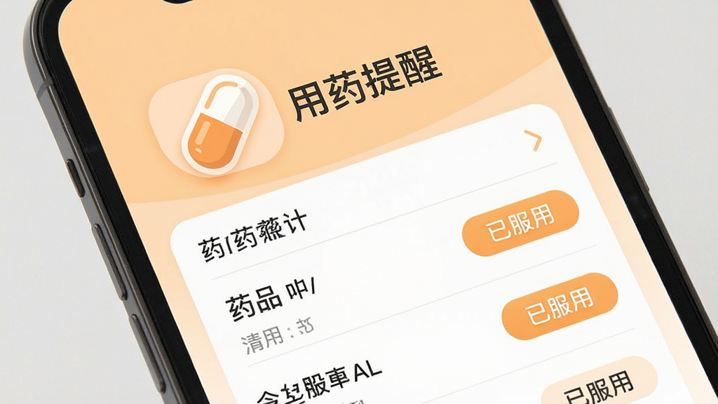 健康快照的用药提醒功能界面,手机屏幕显示一个药丸形状的图标,旁边有“用药提醒”字样,下方列出今日的用药计划清单,每项药品名称后带有“已服用”按钮,界面以浅橙色为主色调,背景干净,图标设计简洁,整体风格温馨实用,画质高清晰度
