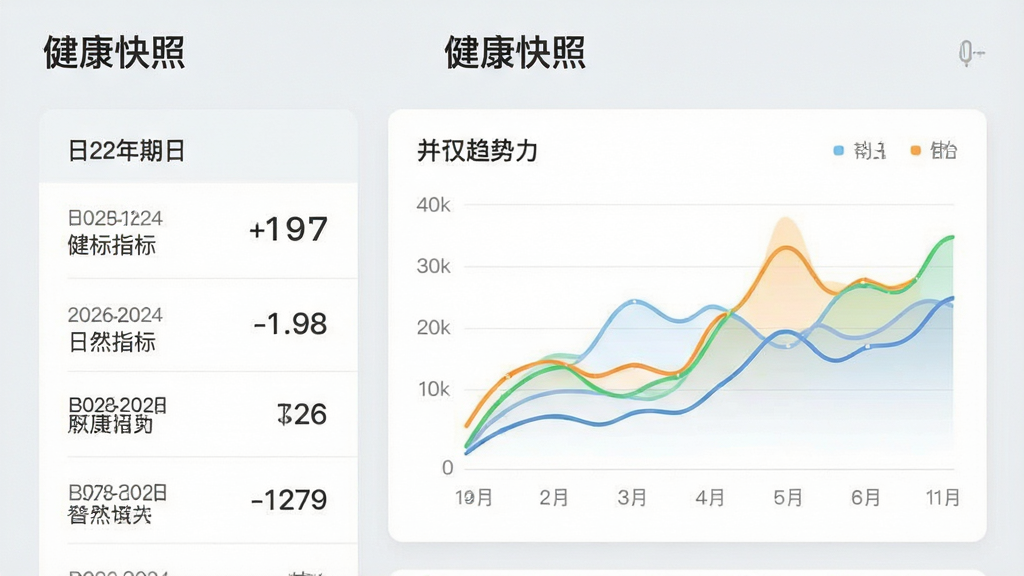 健康快照应用的健康档案界面预览图,界面采用列表与折线图结合的形式,左侧显示日期和各项指标数值,右侧展示对应的趋势折线图,图表线条流畅,颜色区分不同指标,背景为淡灰色,卡片式布局,整体风格专业清晰,界面顶部有“健康快照”字样,画质干净无多余元素