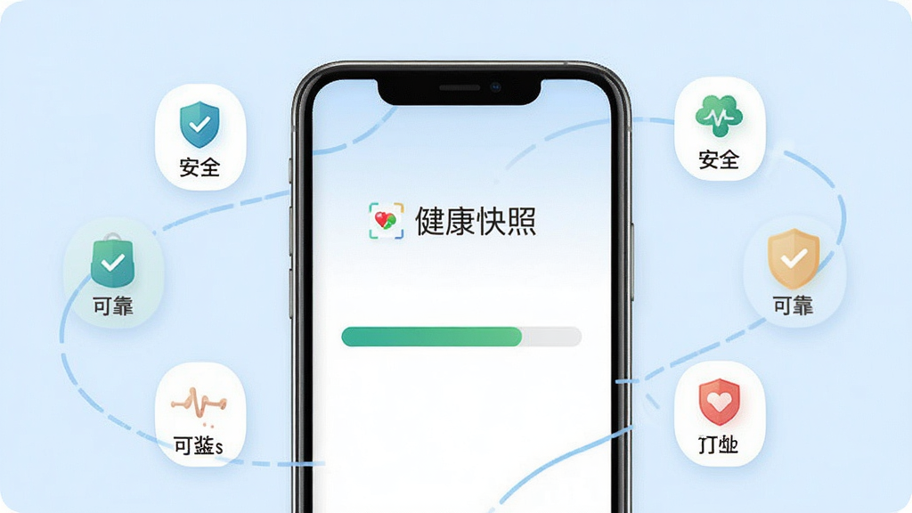 一张展示健康快照应用安装步骤的示意图,图中手机屏幕显示应用安装进度条,周围有“安全”、“可靠”等小图标环绕,背景为淡蓝色,整体风格简洁明了,画质干净,突出“健康快照”名称