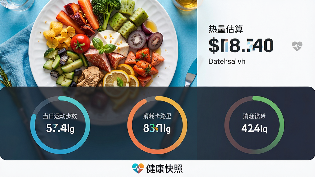 健康快照的饮食运动追踪界面,界面分为上下两部分,上半部分展示一张精美的食物摆盘照片,旁边标注热量估算数值,下半部分显示当日运动步数、消耗卡路里等数据,采用圆形进度条展示,整体设计色彩鲜明,食物图片诱人,数据展示直观,画质细腻干净,界面底部有“健康快照”品牌标识