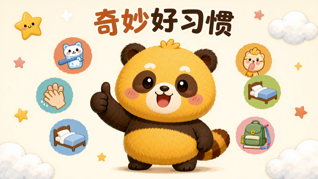 画面中央是“奇妙好习惯”的卡通吉祥物一只圆润的黄色小熊猫,正开心地竖起大拇指,身边环绕着刷牙、洗手、叠被子、整理书包等彩色小图标。整体布局以暖色调为主,童趣插画风格,排版疏朗,四周点缀星星和云朵。画质细腻柔和,干净无多余元素。