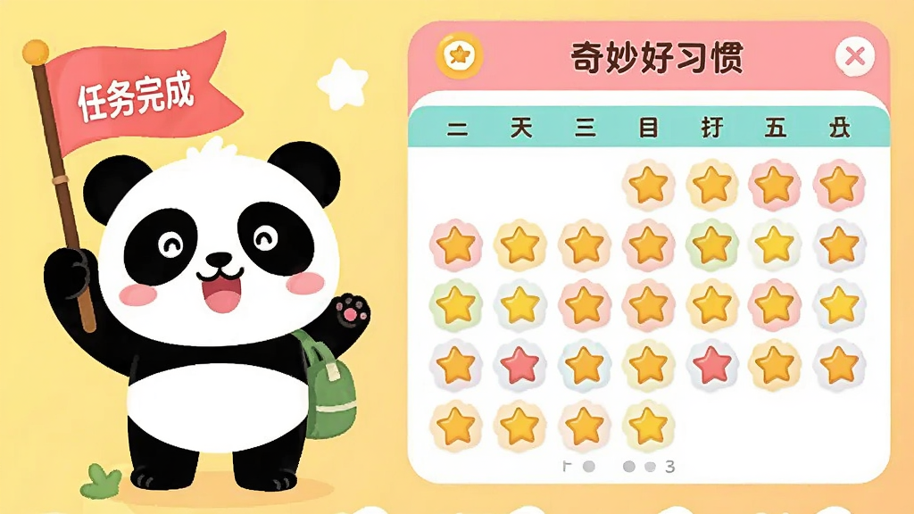 展示“奇妙好习惯”应用内打卡界面,左侧是卡通熊猫举着“任务完成”小旗,右侧是七天的打卡日历,上面贴满星星贴纸。画面采用明亮糖果色,扁平化UI风格,图标圆润,排版清晰,画质干净,无多余元素。