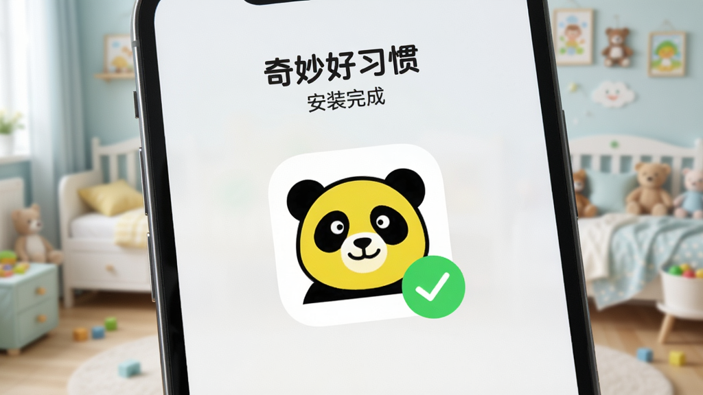 手机屏幕显示“奇妙好习惯”安装完成界面,桌面图标为黄色熊猫头像,周围有绿色对勾。背景为模糊的儿童房间,浅色调,写实风格,画质干净,无多余元素。
