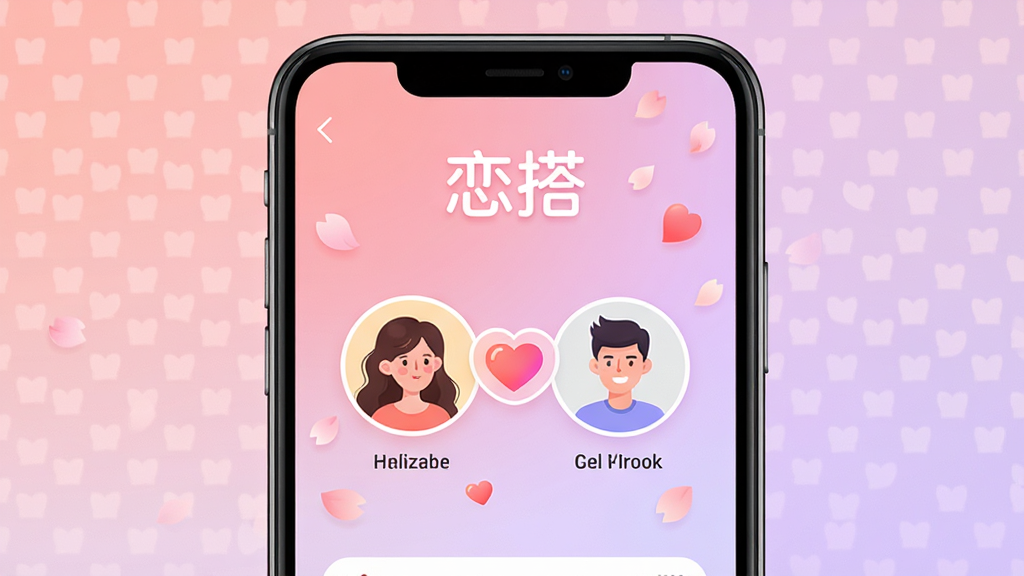 ���壺һ����ܰ�������ֻ���Ļ����Ļ����ʾ�����APP�Ľ��棬����������Ů�û���ͷ���ƥ��ɹ��İ���ͼ�ꡣ���֣��ֻ����У���Ļ���������ɼ�������Ϊ��͵Ľ����ɫ�뵭��ɫ���Ű棺��࣬ͻ��APP��������Խ��档����ִ���ƽ���廭�磬ɫ��������ů�������Χ����������ϸ�ڣ���Ļ���С����������Logo����������ͼ���м��а������ӣ�������Ʈ��Ļ��ꡣ���ʣ����壬�ɾ����޶���Ԫ�ء�
