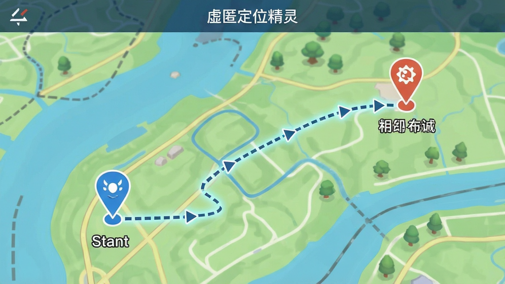 展示虚匿定位精灵在地图上选择地点并模拟路线行走的界面,地图背景清晰,有起点和终点标记,路线以虚线显示,界面风格清爽,画质高清,无多余元素