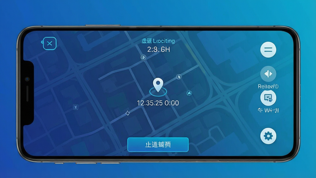 一张展示虚匿定位精灵主界面的高清截图,手机屏幕上显示地图与定位坐标,背景为渐变色科技蓝,界面布局简洁,功能按钮清晰可见,整体风格现代,画质细腻干净,无多余元素
