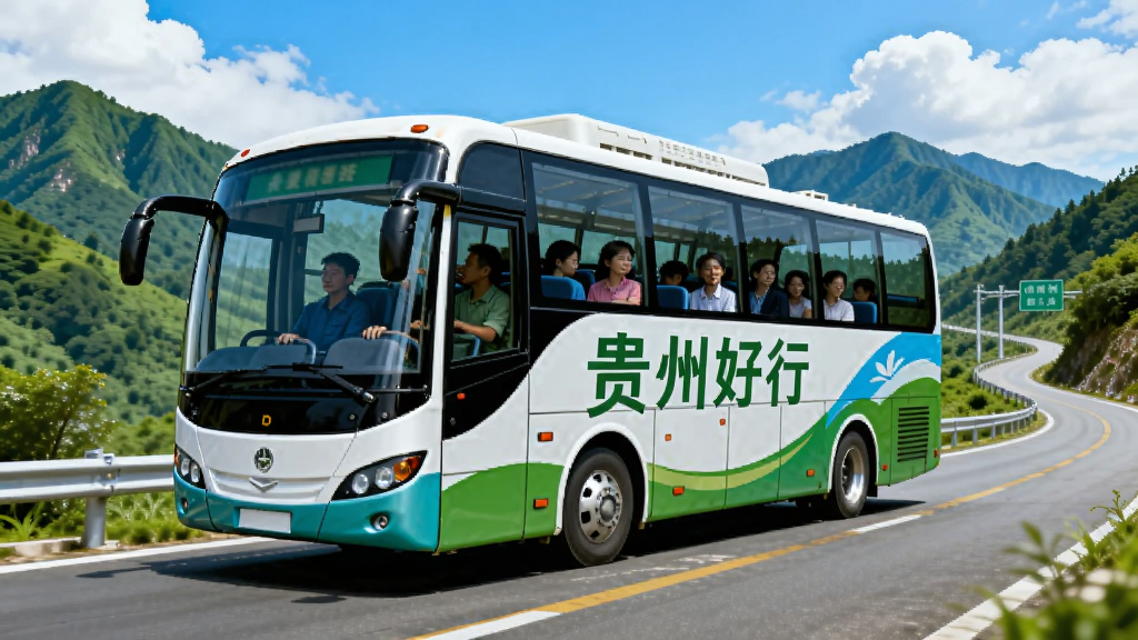主体:一辆景区直通巴士行驶在贵州山区公路上,车身印有“贵州好行”标识。布局:巴士位于画面中央,背景为翠绿群山与蓝天白云。排版:车体标识醒目,道路延伸至远方。风格:旅游宣传海报风格,色彩鲜艳。细节:车窗内乘客隐约可见,画质通透干净,无多余元素。