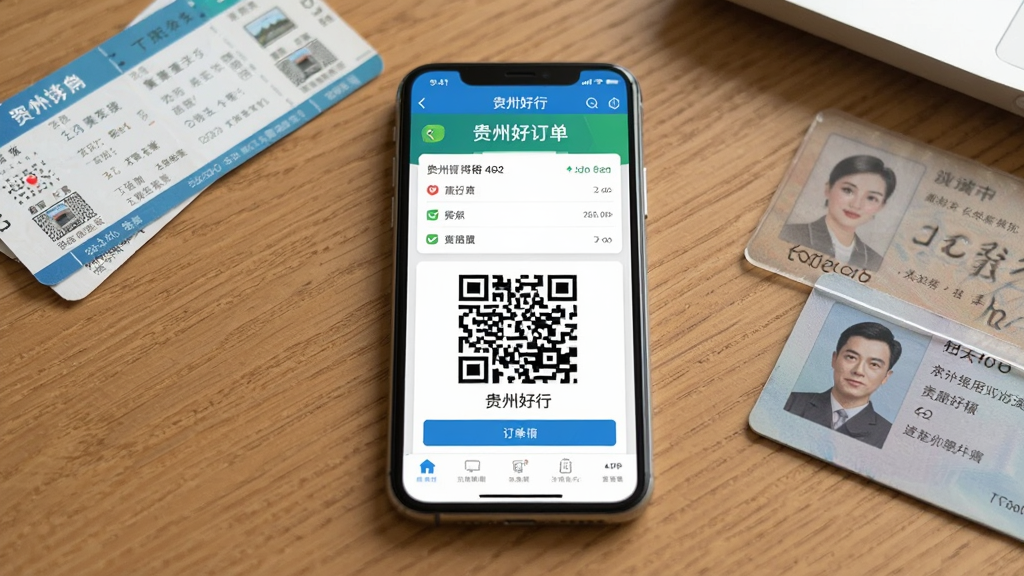 主体:一部智能手机平放在桌面上,屏幕显示贵州好行APP的订单详情页面。布局:手机居中,周围放置车票、身份证件等物品。排版:画面简洁,突出屏幕内容。风格:生活化场景,自然光拍摄。细节:屏幕上的二维码清晰可见,周围无杂物,画质干净。
