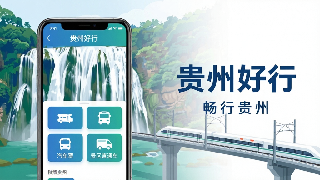主体:手机屏幕显示贵州好行APP界面,背景为贵州著名景点黄果树瀑布与高铁桥梁。布局:手机居中偏左,右侧留白放置“贵州好行”字样与“畅行贵州”标语。排版:简洁商务,突出APP名称与核心功能图标。风格:现代扁平化,色彩明快,以蓝绿色调为主。细节:界面清晰展示“汽车票”“景区直通车”等按钮,画质高清,干净无多余元素。